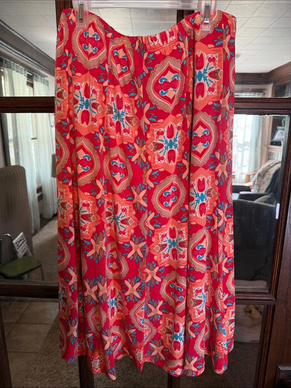 Allison Daley‎ Red Orange Medallion Print Lined Midi Skirt Size 12 Elastic Waist
